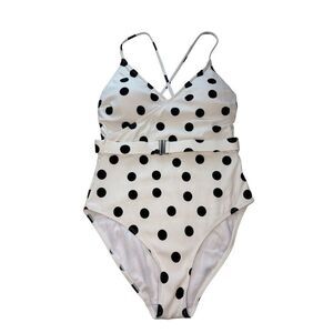 NWOT Accessorize black and white polka dot belted one piece swimsuit - 8